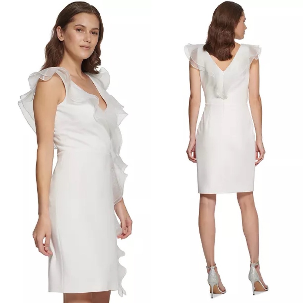 DKNY Sheath Dress with Frothy Organza Ruffles in Ivory, Size 6 New w/Tag $199 - Picture 1 of 11